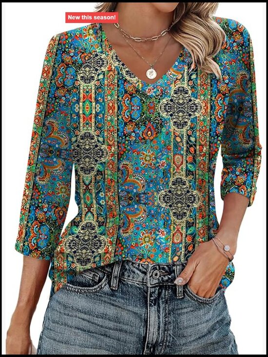 Tops - 3/4 Sleeve V Neck Tunic Blouse Casual Work Tee Soft Stretch